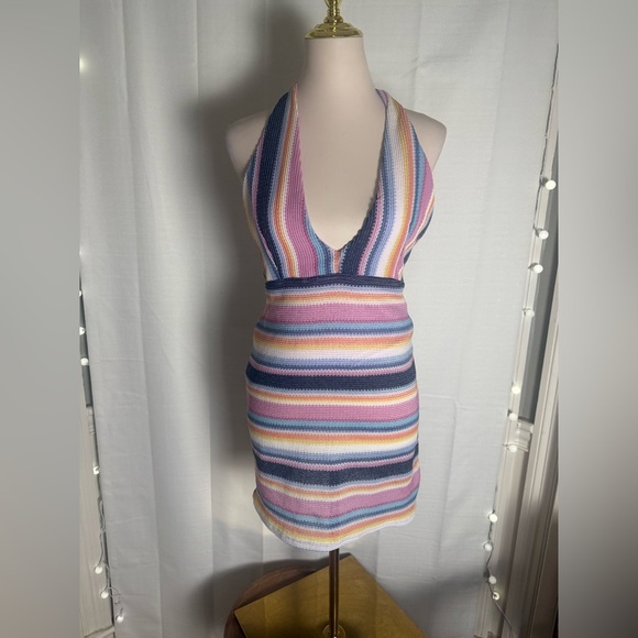 HYFVE Crochet-Look Striped Halter Mini Dress - Size M Boho Y2K Festival - Picture 1 of 7